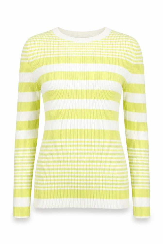 Front view of Next women’s yellow round neck striped cotton jumper, size UK 14