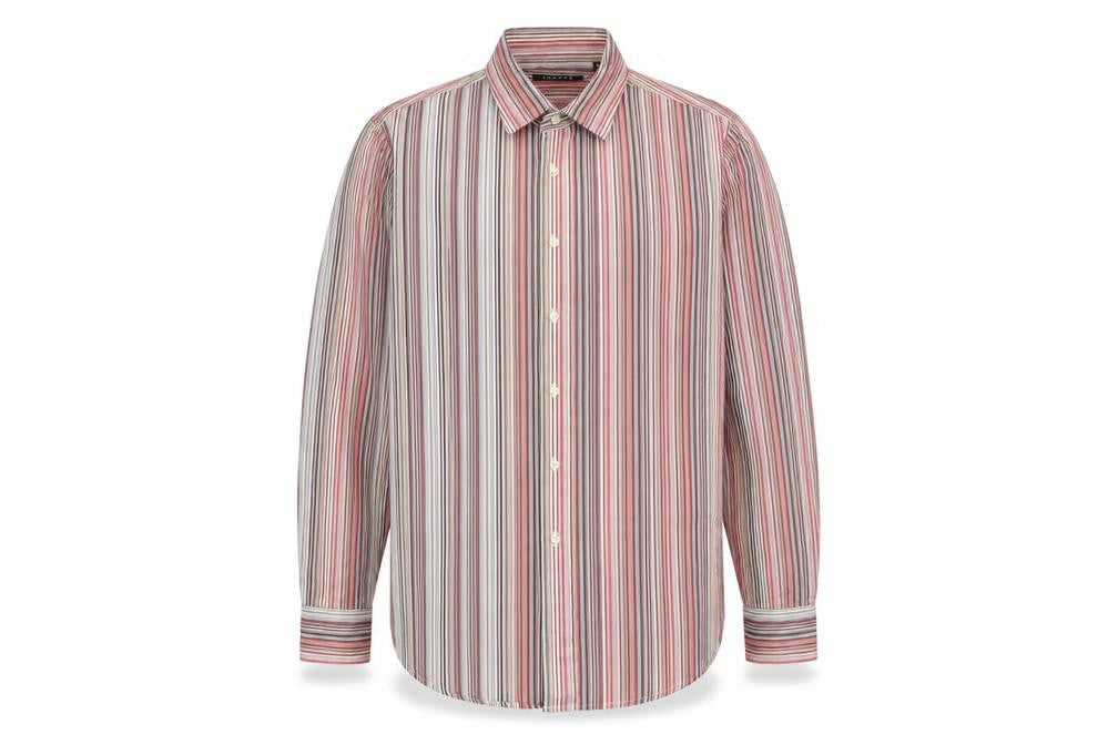 Front view of Topman men’s multicoloured striped cotton button-up, size XL, collared