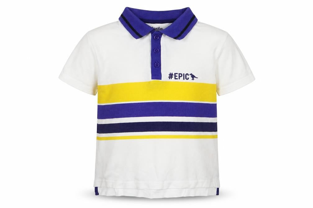 Front view of Studio boys’ multicoloured striped cotton basic polo, size 3-4, years collared