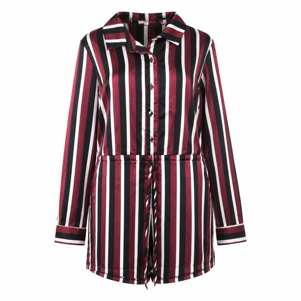 Front view of Missguided women’s multicoloured striped polyester playsuit one-piece, size UK 6, 3-inch leg
