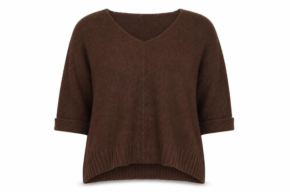 Front view of Preworn women’s brown v-neck acrylic jumper, size L