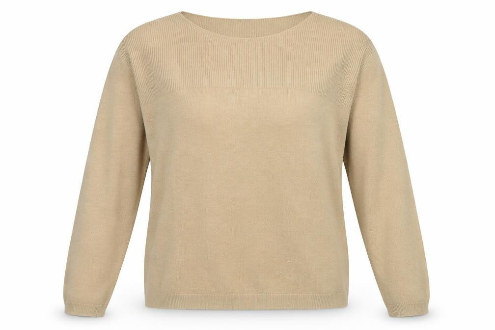 Front view of INTUITION women’s brown round neck acrylic jumper, size UK 18