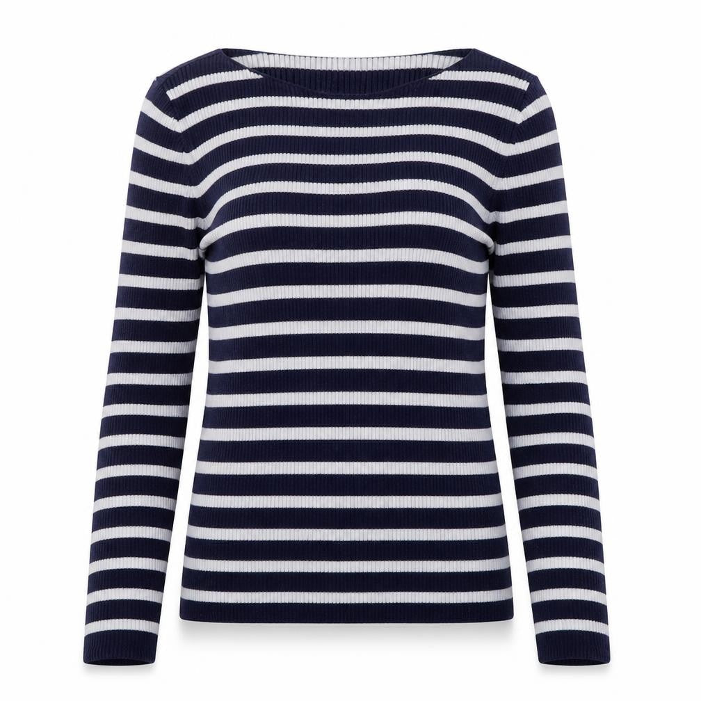 Front view of Gap women’s blue round neck striped cotton jumper, size S