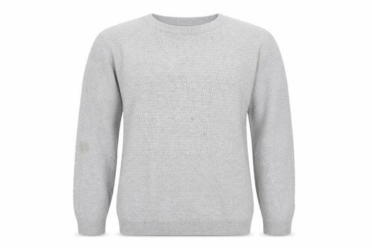 Front view of River Island men’s grey round neck acrylic jumper, size M