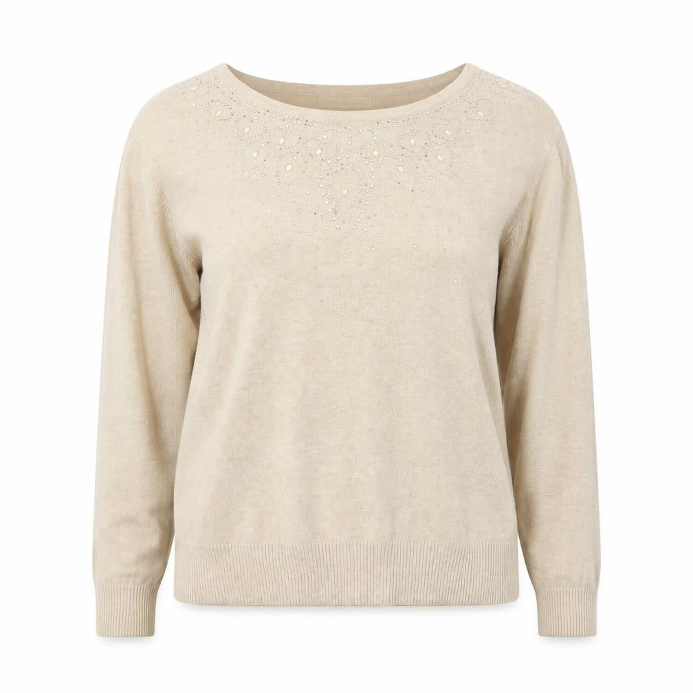 Front view of Moon Face women’s beige round neck viscose jumper, size M
