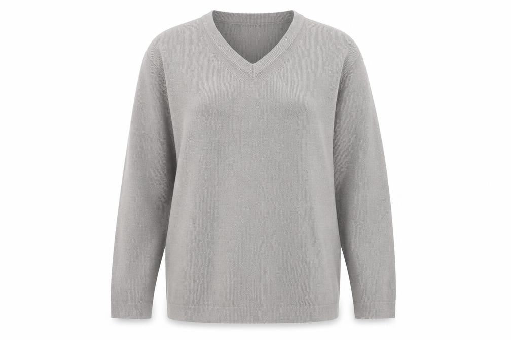 Front view of St Michael women’s grey v-neck acrylic jumper, size S