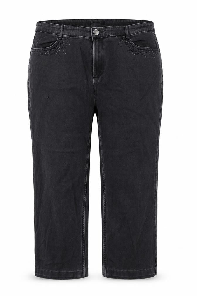 Front view of women’s grey polyester straight jeans, size UK 38, 26-inch leg regular button