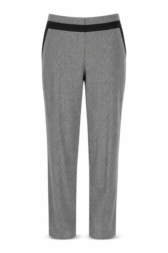 Front view of Next women’s multicoloured geometric polyester trousers, size UK 6, 30-inch leg regular