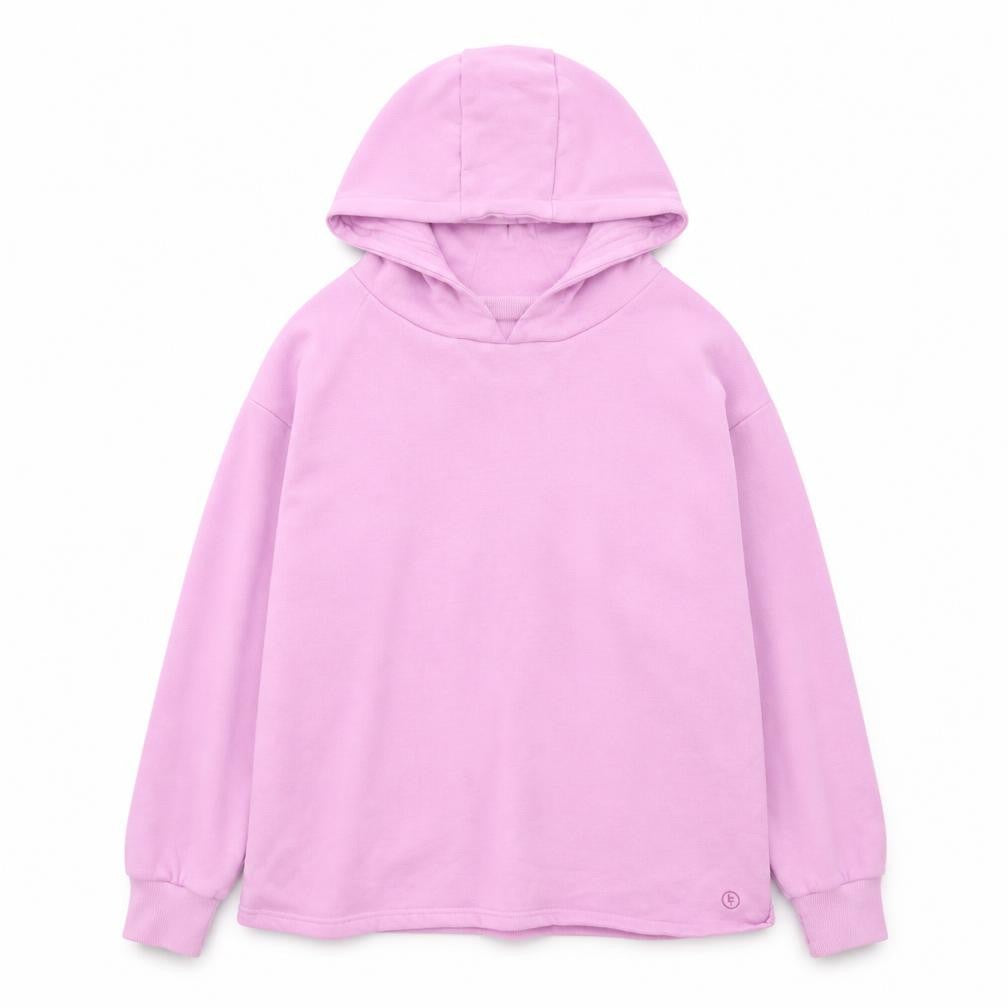 Front view of Leigh Tucker women’s pink cotton pullover hoodie, size S