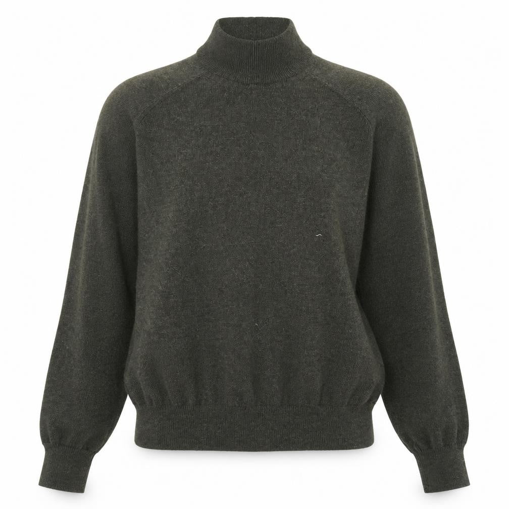 Front view of Primark women’s green mock neck polyester jumper, size UK 6