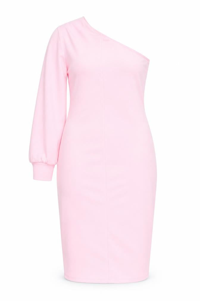 Front view of New Look women’s pink polyester bodycon, size UK 12, v-neck
