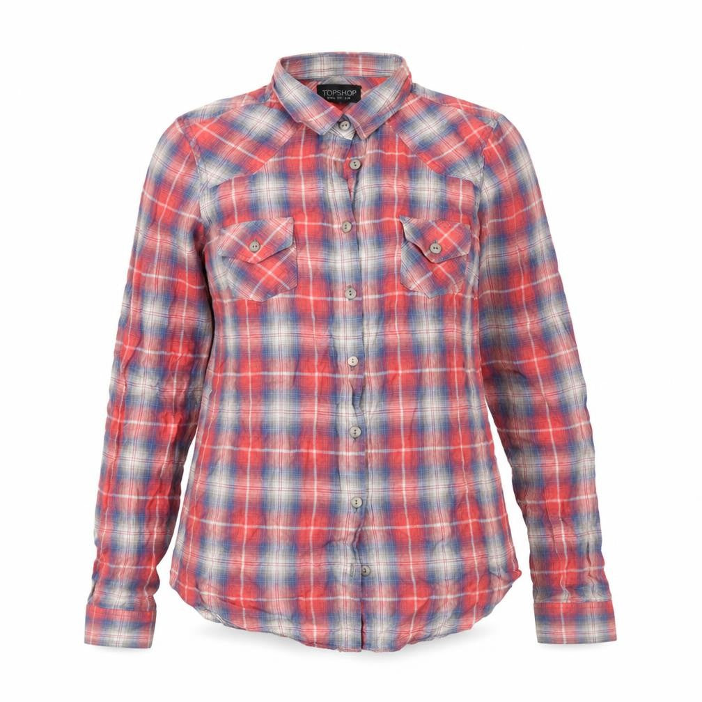 Front view of Topshop women’s multicoloured check cotton basic button-up, size UK 8, collared