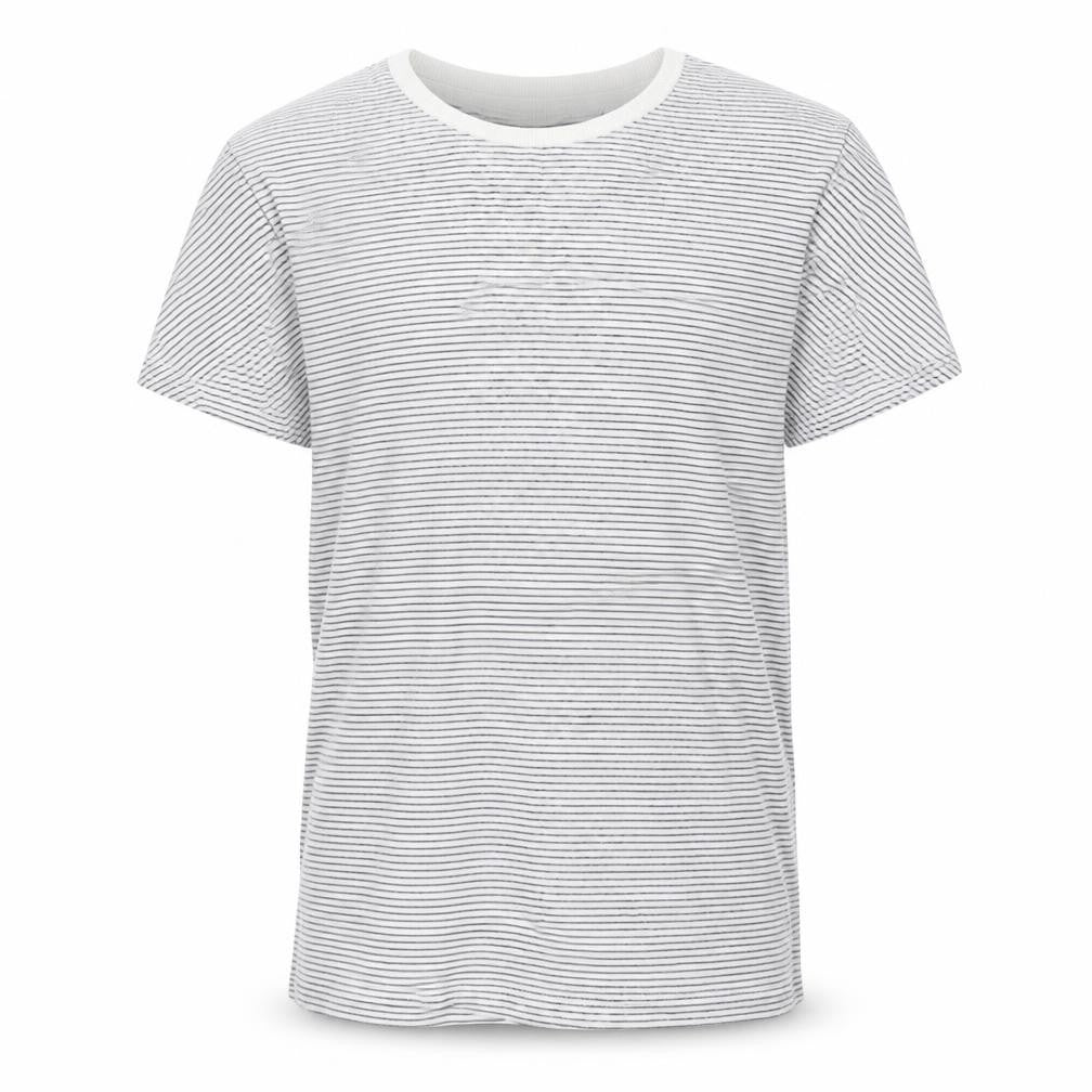 Front view of Matalan girls’ white striped 100% cotton basic t-shirt, size 9, years round neck pullover