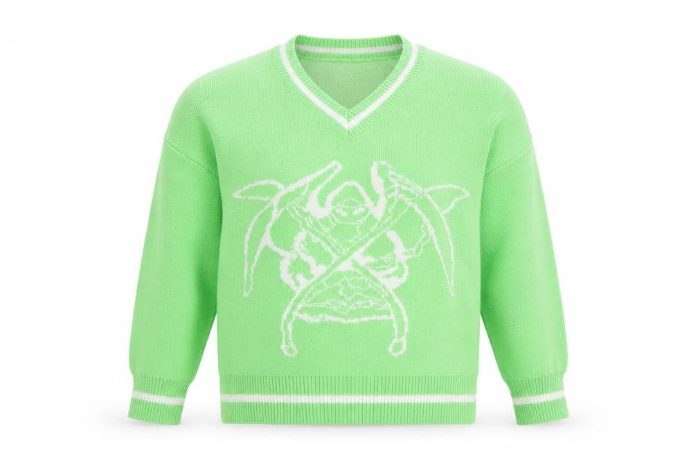 Front view of Preworn men’s green v-neck polyester jumper, size S