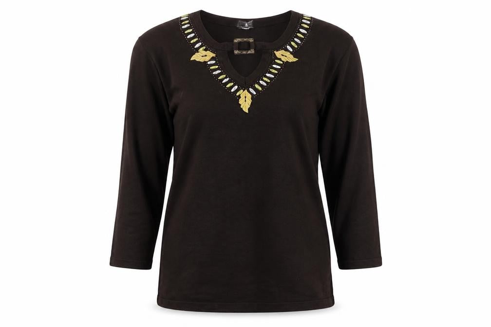 Front view of Just Elegance women’s brown v-neck acrylic jumper, size S
