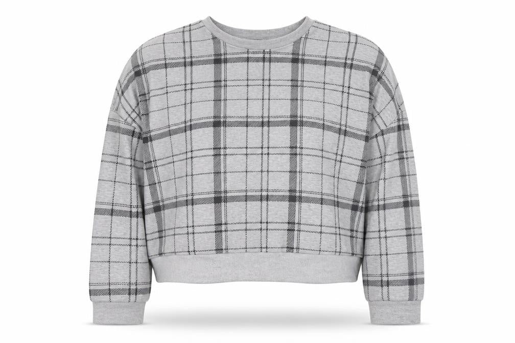 Front view of Primark women’s grey plaid cotton pullover sweatshirt, size M, pullover