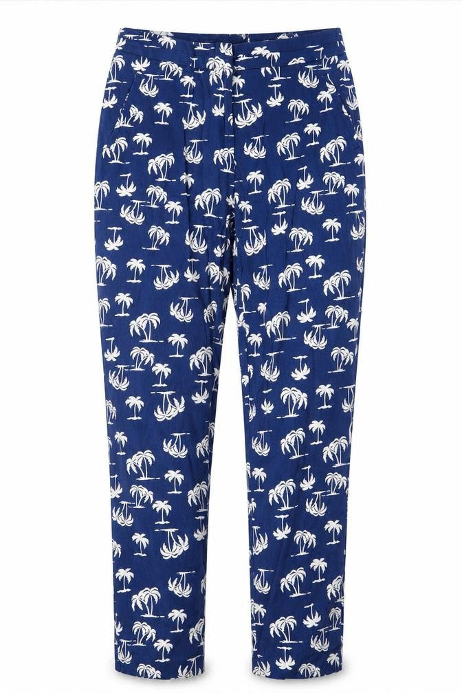 label Be Womens Blue Geometric Cotton Trousers  Size 12 L26 in Regular Hook & Eye