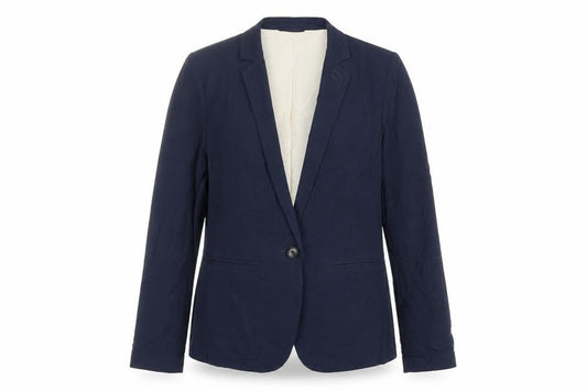 Front view of New Look women’s blue jacket, size UK 10, button
