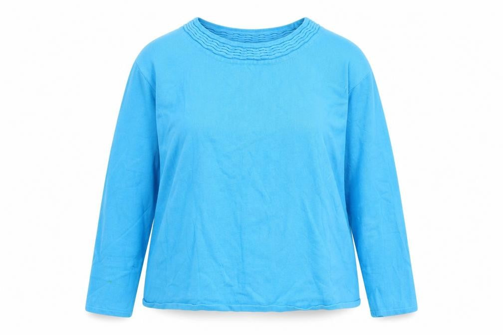 Front view of Bonmarché women’s blue round neck viscose jumper, size L
