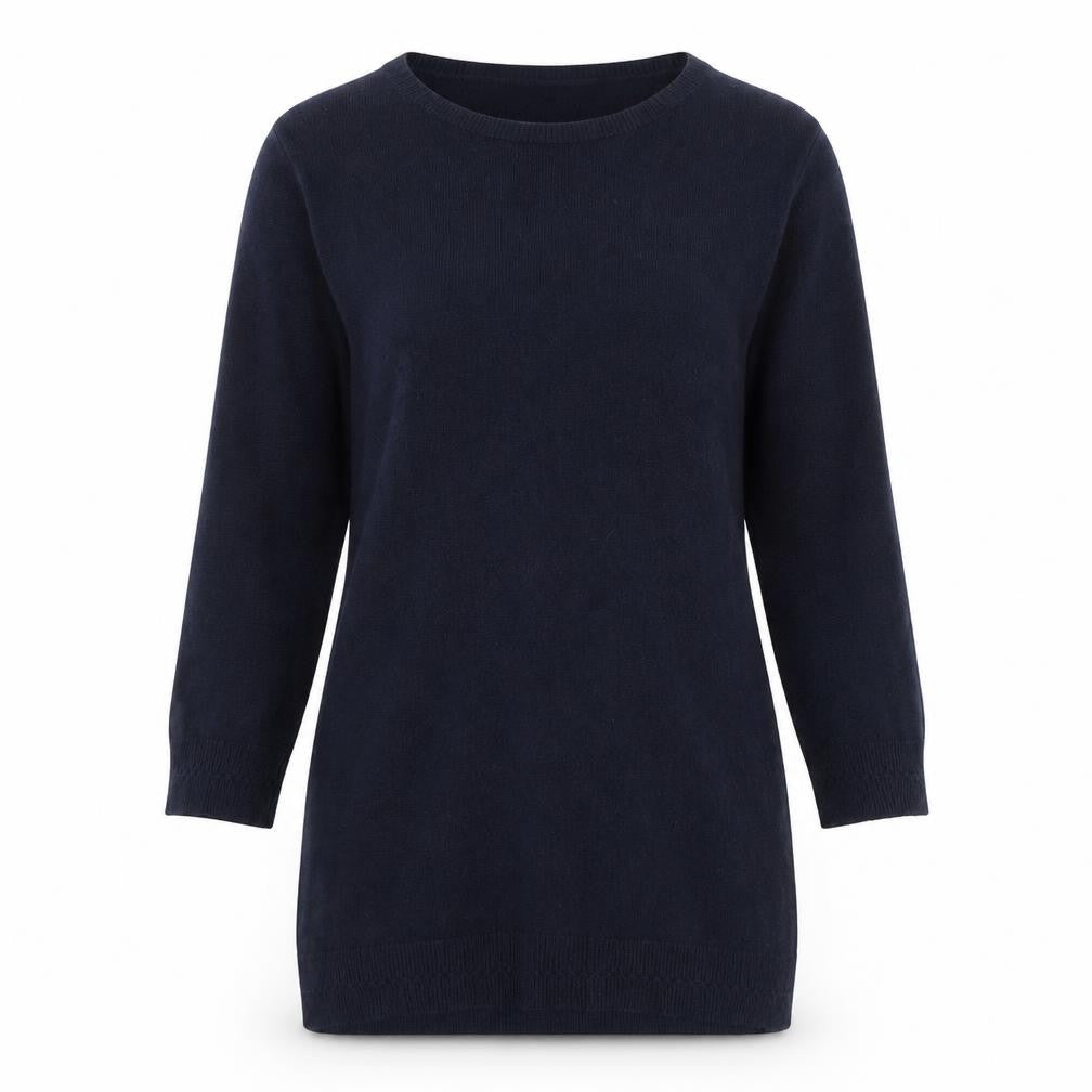 Front view of Lakeland women’s blue round neck acrylic jumper, size L