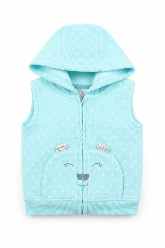 Front view of Carters girls’ green polka dot gilet jacket, size 12, months zip