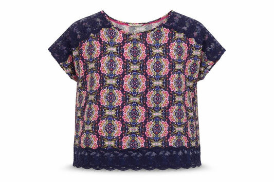 Front view of Marks & Spencer women’s multicoloured geometric viscose basic blouse, size UK 12, round neck