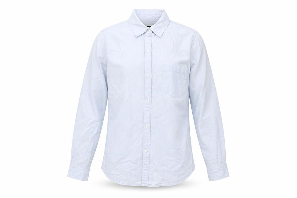 Front view of Gap men’s blue polyester button-up, size S, collared button