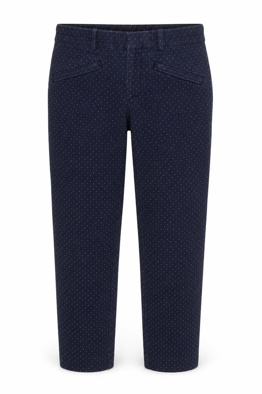 Front view of Gap women’s blue polka dot cotton straight jeans, size UK 30, in, 24-inch leg regular zip