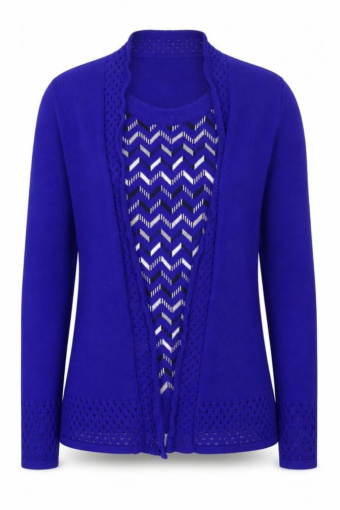Front view of Lady Joe women’s blue round neck geometric acrylic jumper, size S