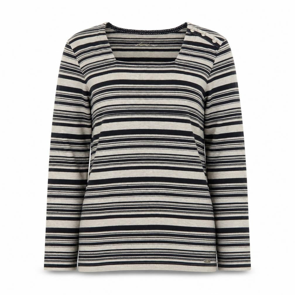 Front view of Dash women’s brown square neck striped acrylic jumper, size UK 12