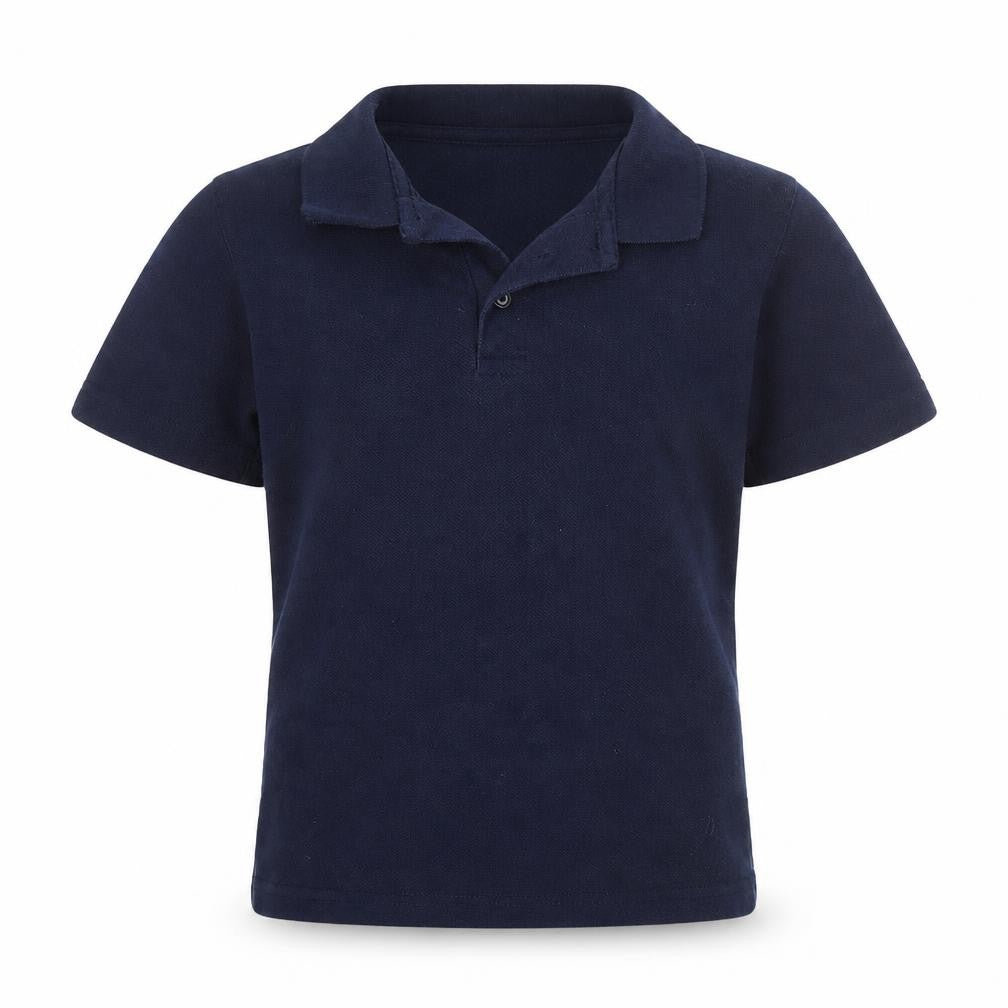Front view of Trutex boys’ blue polyester basic polo, size 5-6, years collared button