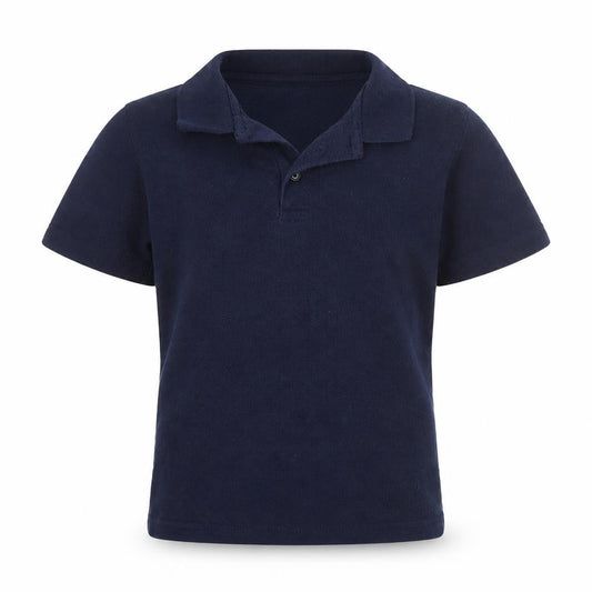 Front view of Trutex boys’ blue polyester basic polo, size 5-6, years collared button