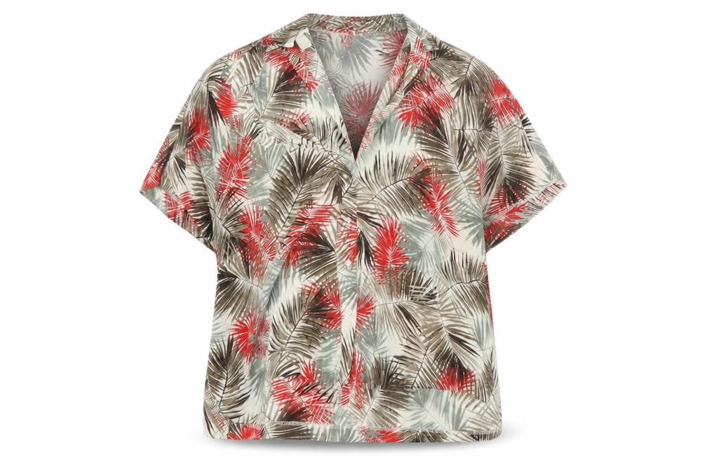 Front view of H&M women’s red geometric viscose basic blouse, size UK 8, collared - leaf print