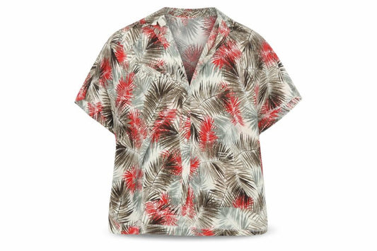 Front view of H&M women’s red geometric viscose basic blouse, size UK 8, collared - leaf print