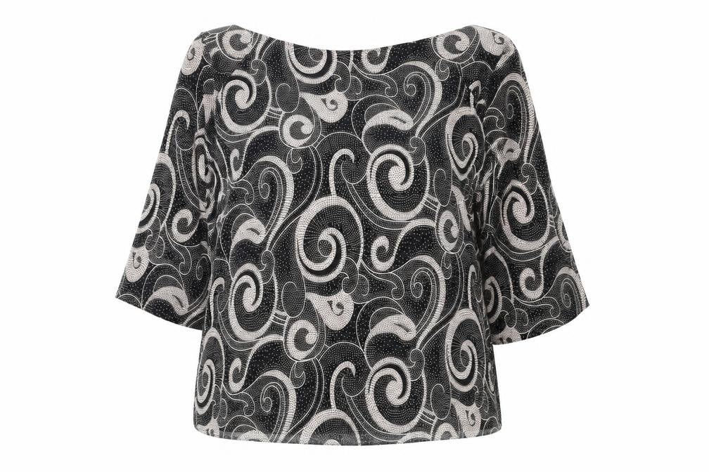Front view of Marks & Spencer women’s black geometric polyester basic blouse, size UK 14, round neck