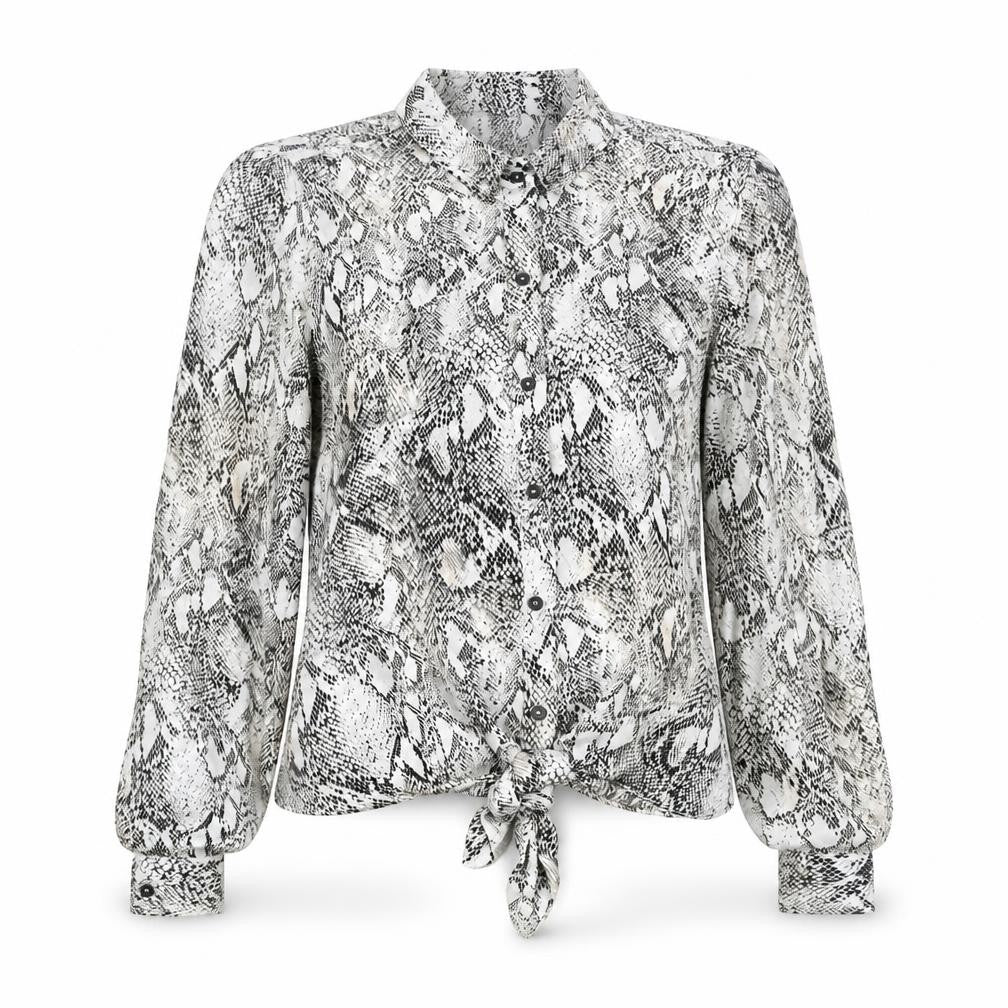 Front view of River Island women’s white animal print polyester basic button-up, size UK 10, collared - knot front