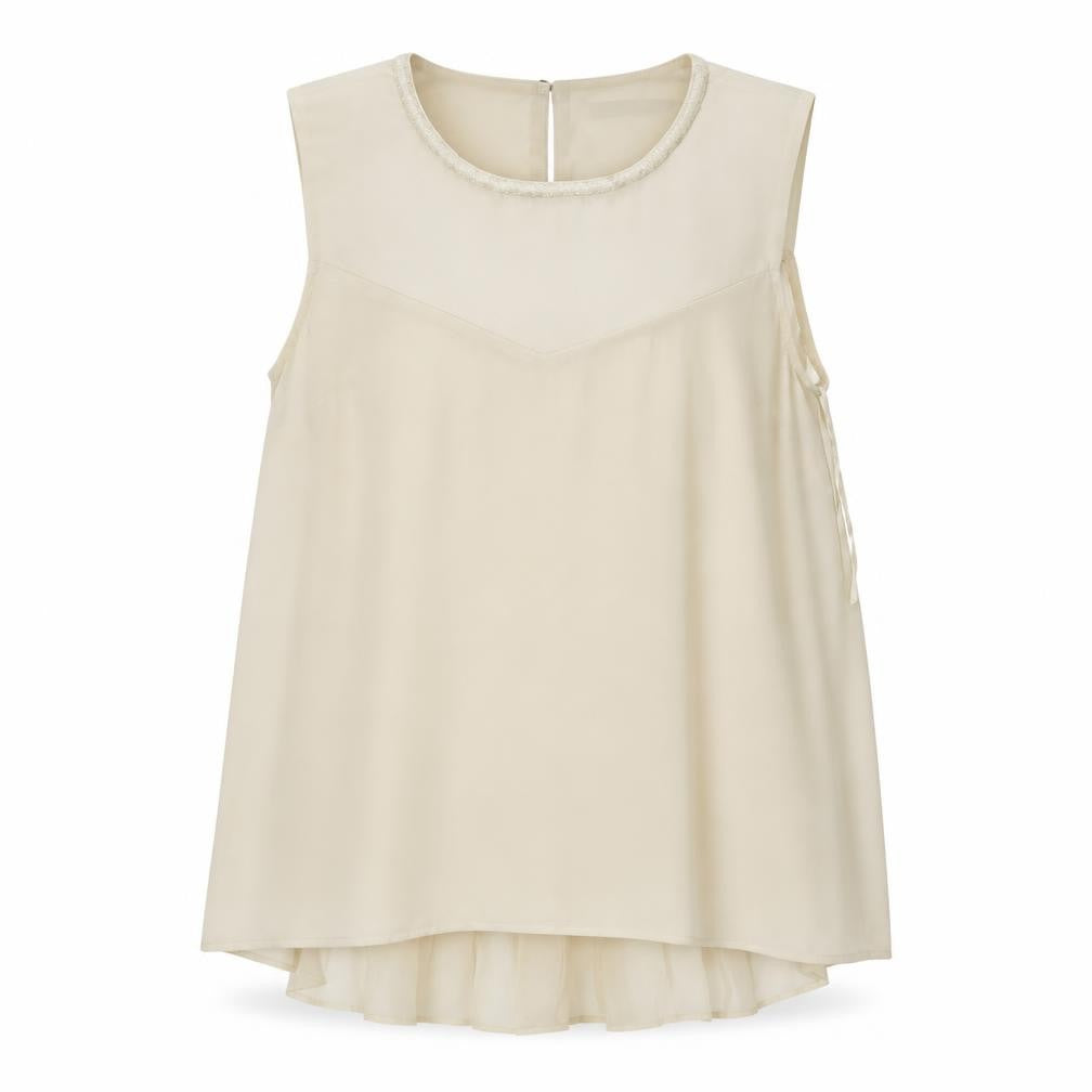 Front view of Oasis women’s beige polyester basic blouse, size UK 8, round neck