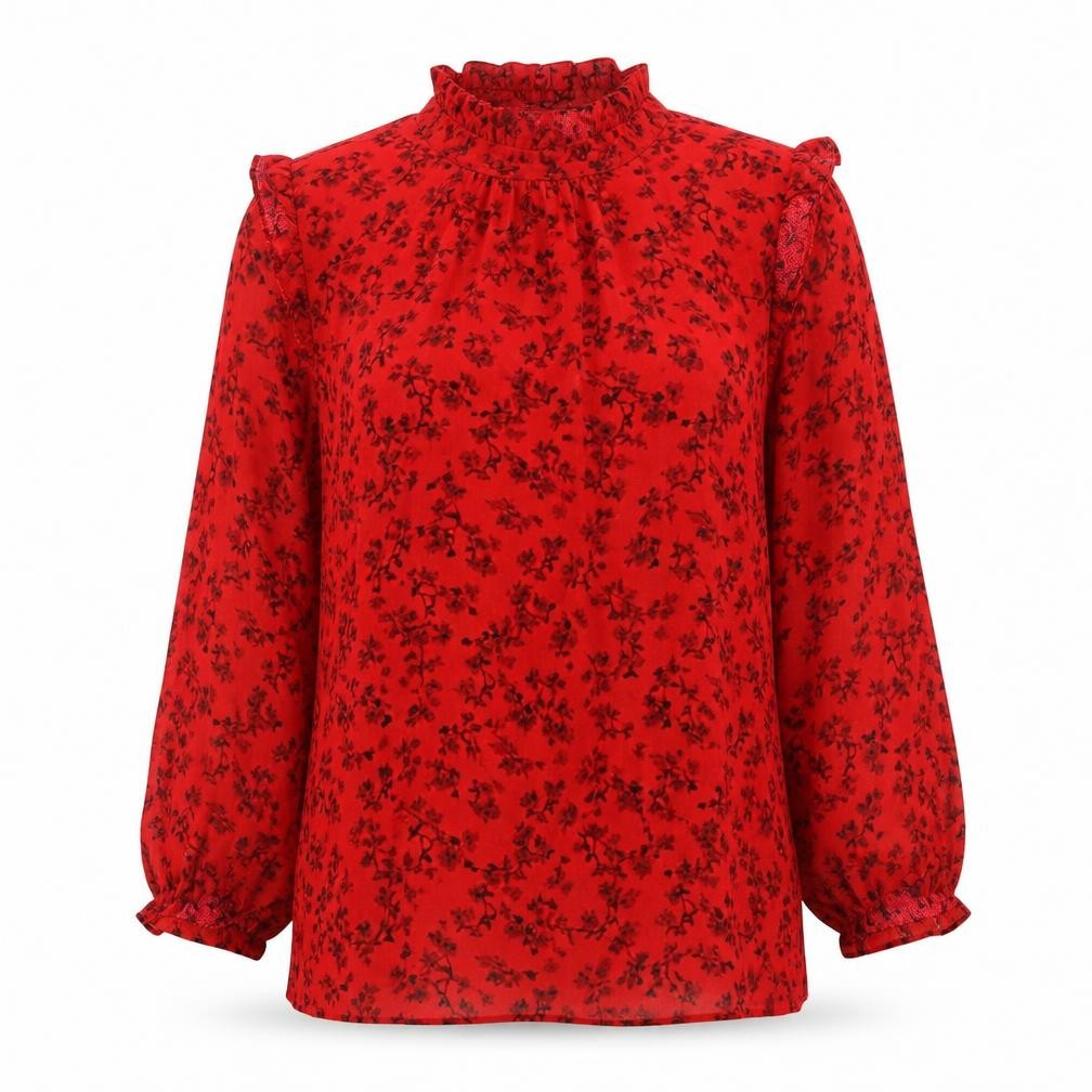 Front view of New Look women’s red floral viscose basic blouse, size UK 6, high neck