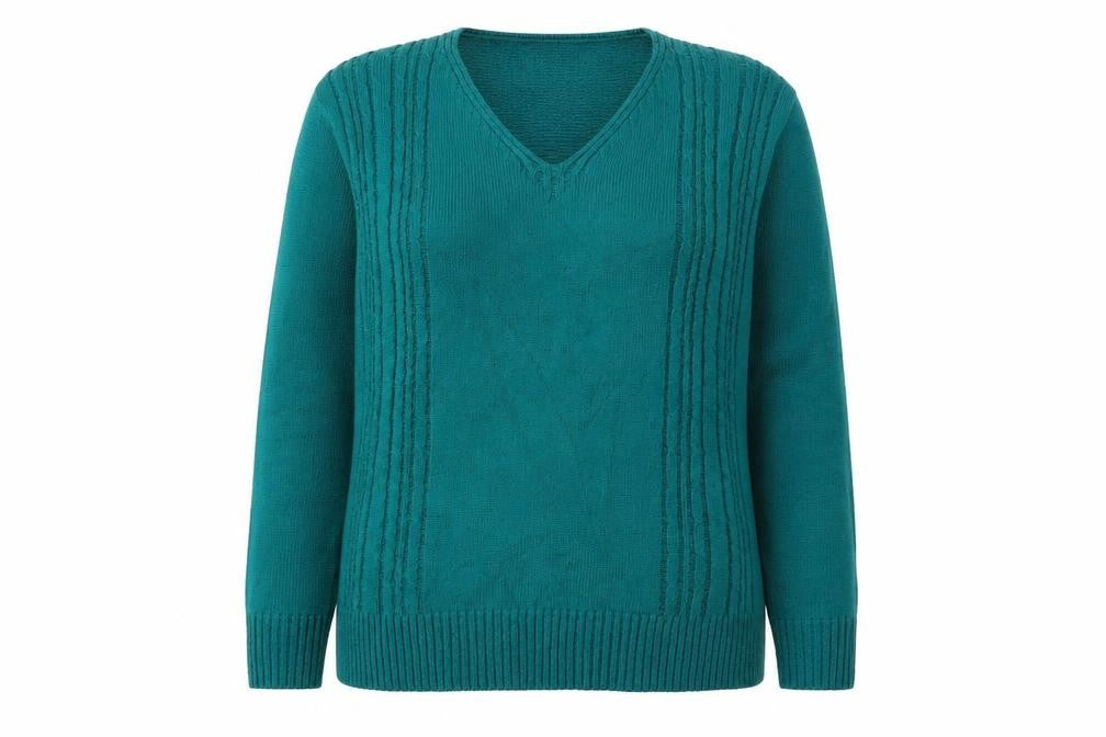 Front view of Insight women’s green v-neck acrylic jumper, size S