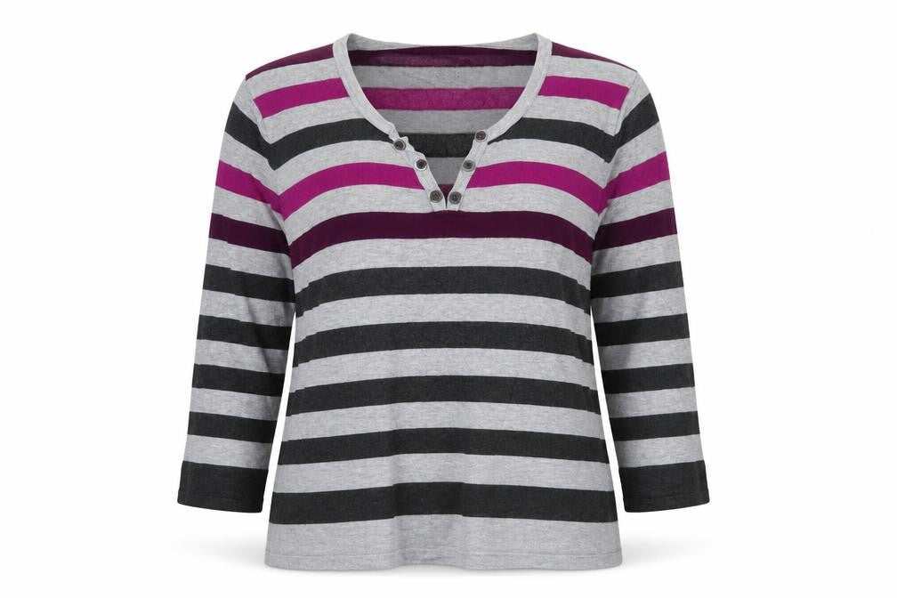 Front view of Country Casuals women’s multicoloured v-neck striped viscose jumper, size L