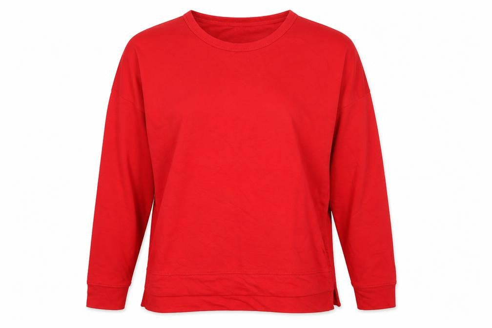 Front view of Apeiyu women’s red crew neck cotton jumper, size XL