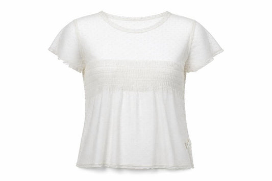 Front view of Primark women’s ivory polka dot polyester jersey blouse, size M, round neck