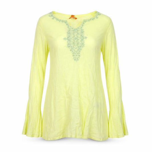 Front view of Crosshatch women’s yellow geometric 100% cotton basic t-shirt, size S, v-neck