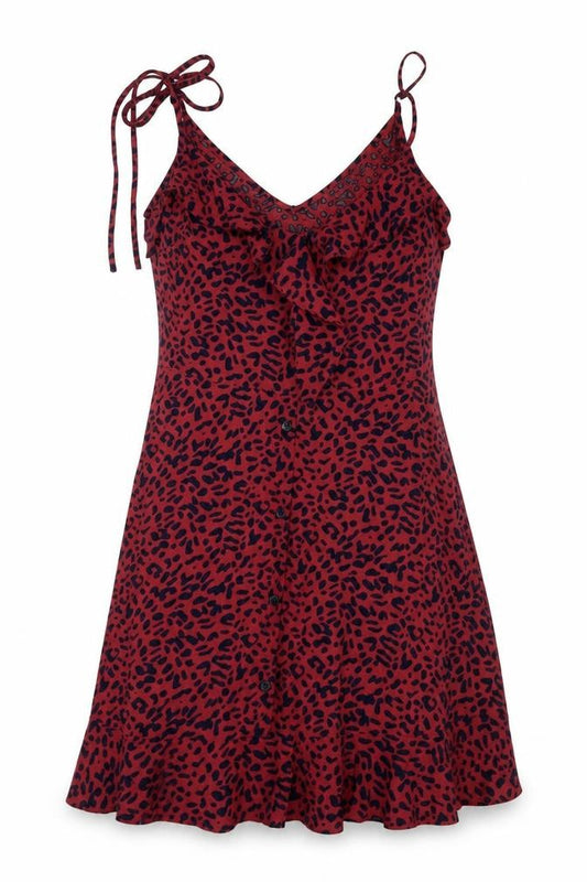 Front view of Oasis women’s red animal print polyester mini, size UK 8, v-neck