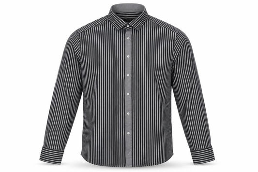 Front view of Venti men’s grey striped cotton button-up, size 44, collared