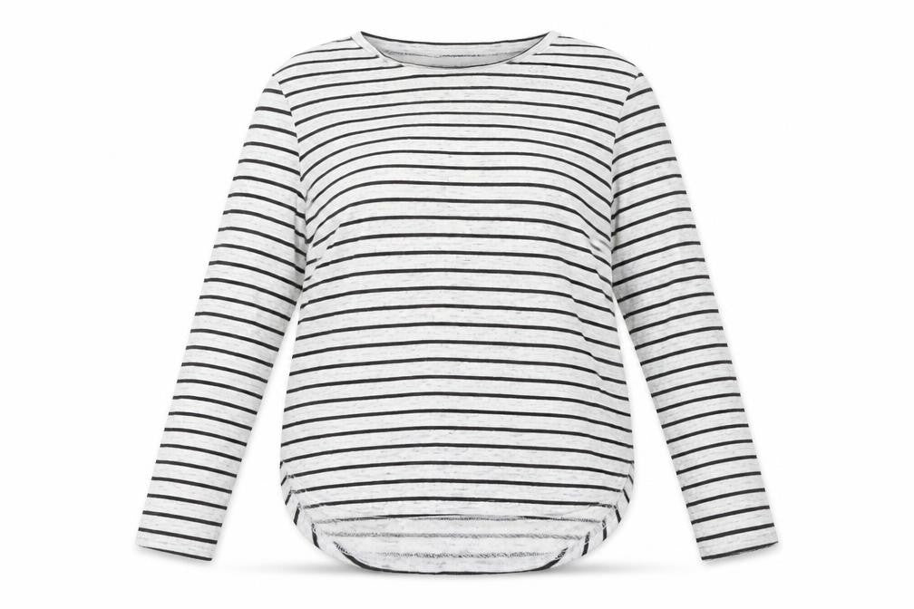 Front view of Atmosphere women’s white round neck striped polyester jumper, size UK 10