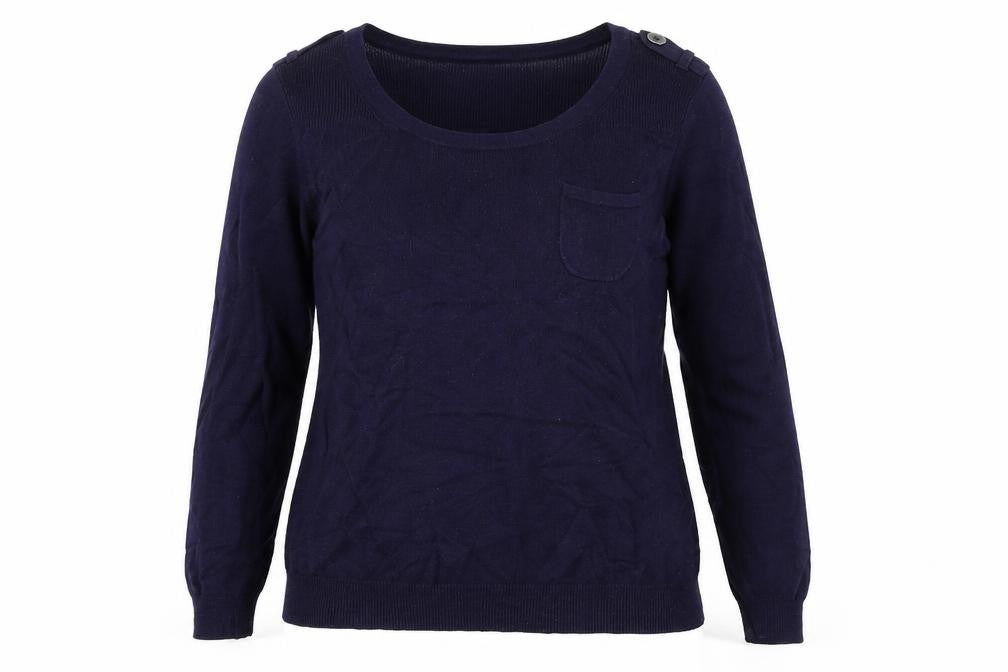 Front view of Marks & Spencer women’s blue round neck viscose jumper, size UK 14