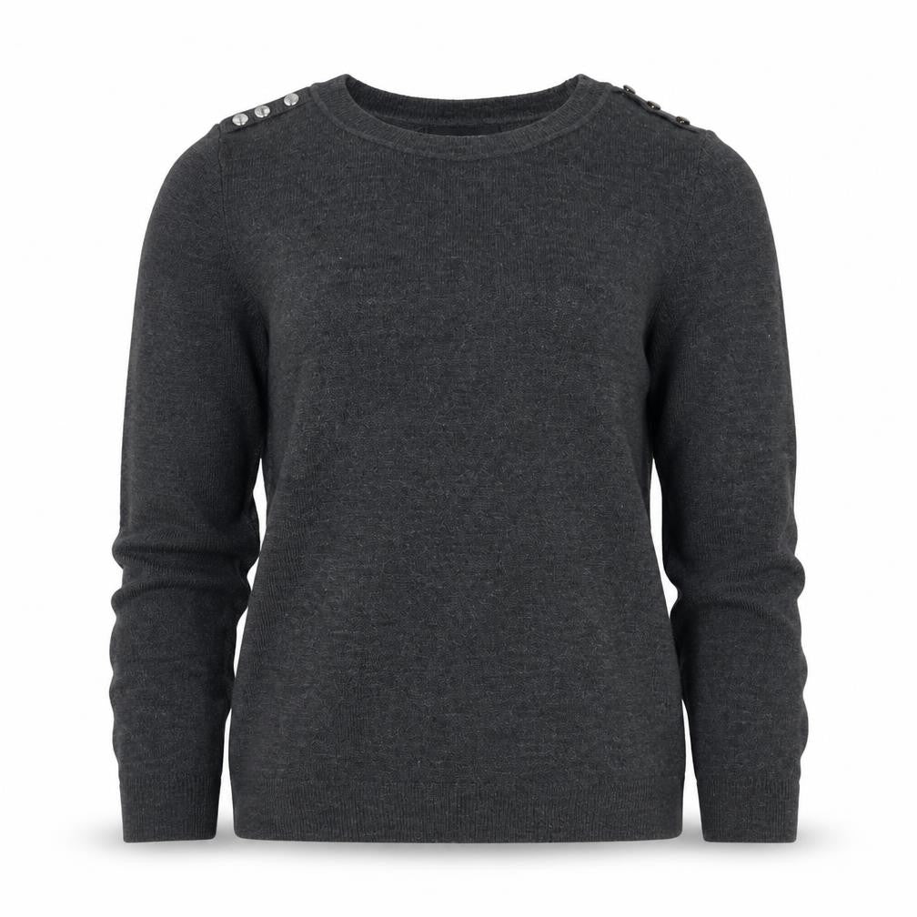 Front view of Primark women’s grey round neck acrylic jumper, size UK 12