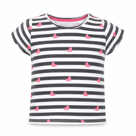 Front view of Primark girls’ blue striped cotton basic t-shirt, size 3-4, years round neck