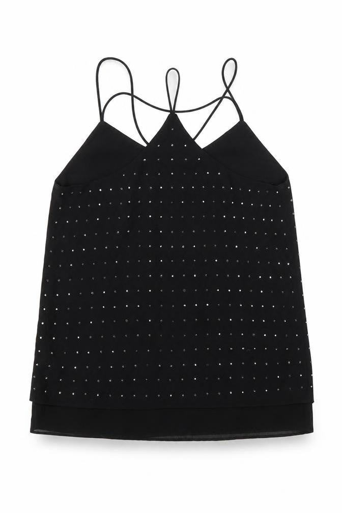 Front view of New Look women’s black polyester camisole blouse, size UK 6, v-neck